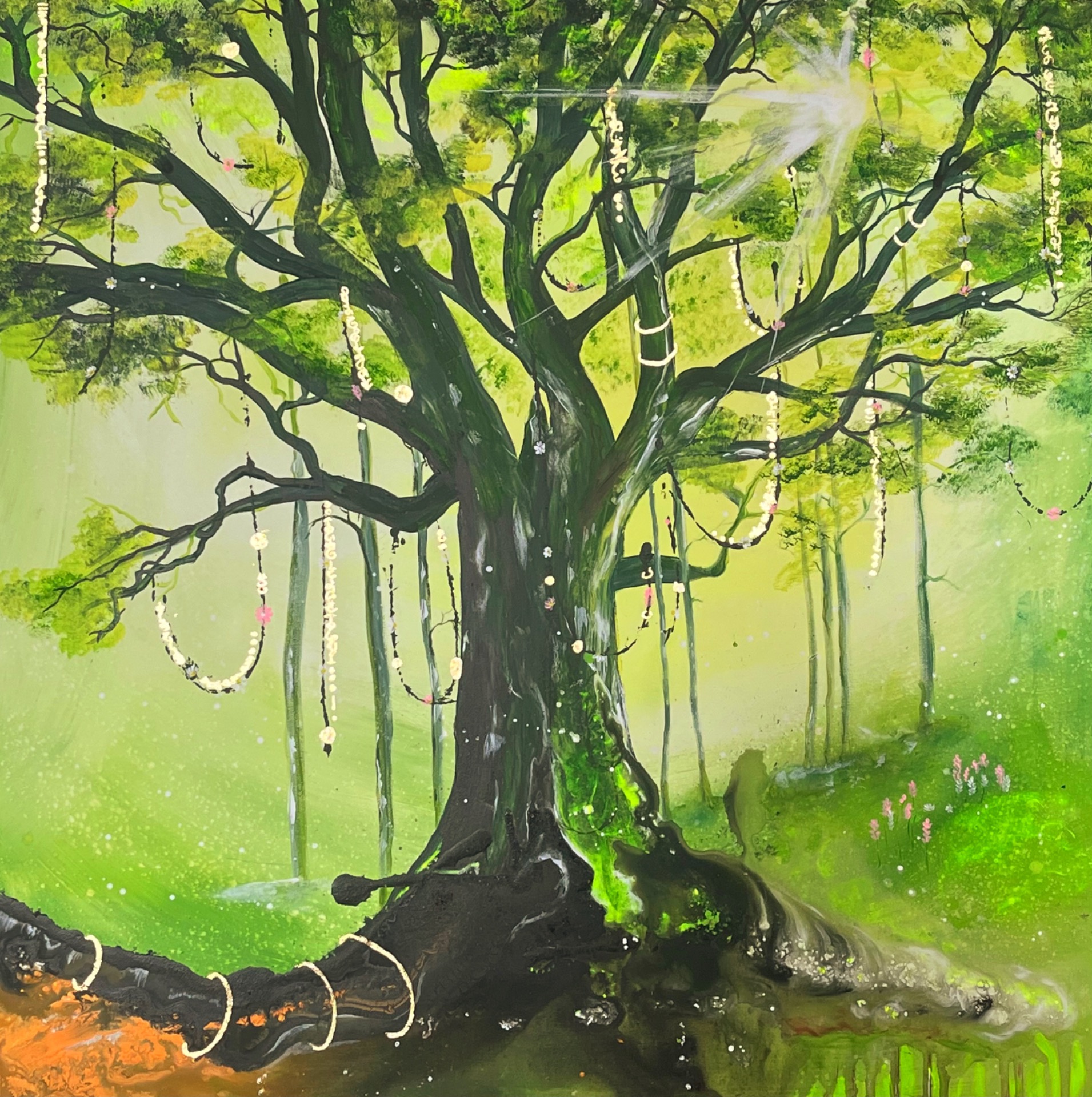 Tento obraz je Strom přání, možná Eywa. A možná úplně něco  jiného – záleží, jak jej pojmenuješ ty.Nevím, co to s tebou udělá… ale co kdybyste na chvíli vstoupili do tohoto kouzelného, uvolňujícího prostoru? Prostoru, kde můžete být opravdu sami sebou. Kde můžete vyslovit i ta nejbláznivější přání. Kde můžete tvořit svým jedinečným způsobem – tak, jak to možná hlava ani neumí pochopit. Tak ti vznikl i tento strom. Je jiný. Je svůj. A možná tě zve právě k tomu, abys byl taky takový. Svůj. Jaké by to bylo – nechat ho vstoupit do svého života? Jak by ti mohl přispívat? Kam by tě mohl pozvat? Světelný text tohoto obrazu: Stoupáš si do své síly, kde obklopí tě lesní víly. Tady je vše možné… i to, co se ti zdá nemožné. Začni tvořit pohádku svojí, bytosti Země se vždy s tebou spojí. A pozvou tě ještě více k sobě, v jakékoliv komfortní i nekomfortní době. Aby jsi ještě udělala dva kroky a měla nádherné roky. Pojď snít a tvořit všechny nejbláznivější plány, to je to, co ti otevírá zlaté brány. Brány do nekonečného světa možností, obklopena radostí, lehkostí a hojností. Co dalšího můžeš tvořit a všechny mýty bořit. Tak pojď dál a rozsviť každičký sál. 100x100cm 58.000,-